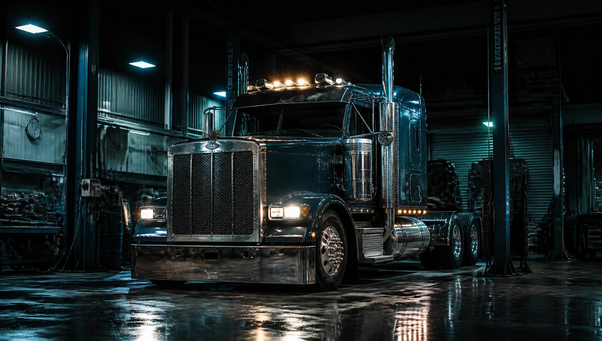 Semi-truck inside a heavy-duty truck repair shop in Brampton