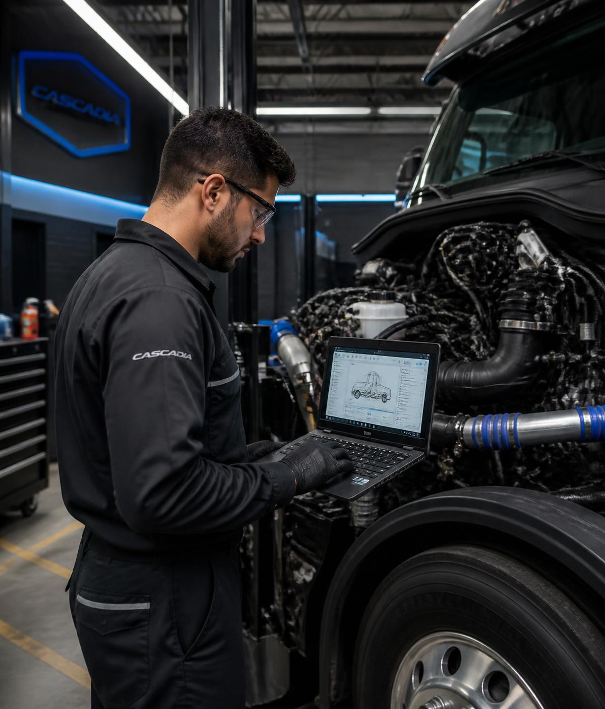 Technician running computer diagnostics on a heavy-duty truck engine
